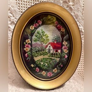 Stunning Vtg Gold & Black Oval Frame Needlepoint Farmhouse In Forest & 🌸’s